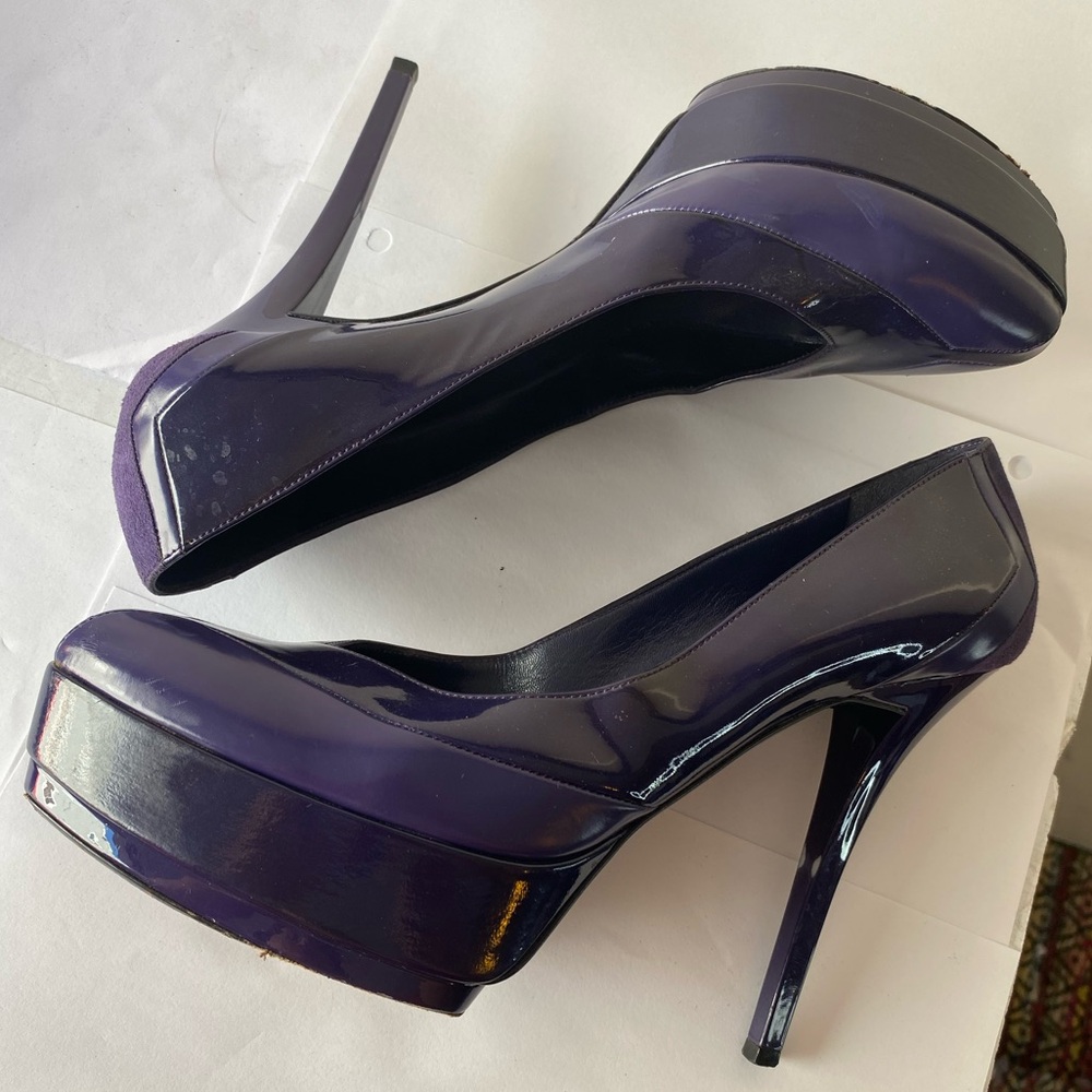 GUCCI Purple Patent & Leather Platform Pumps Suede Heel Size 38.5 US 8.5 - Picture 7 of 15